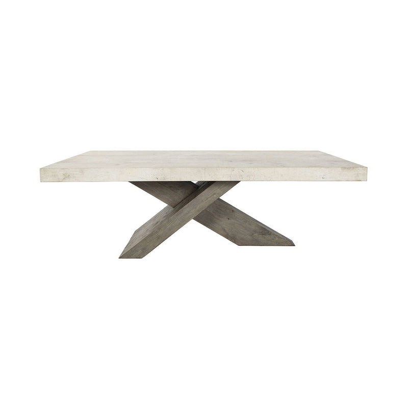 Distressed gray coffee table with square top and crossed dark gray support beams