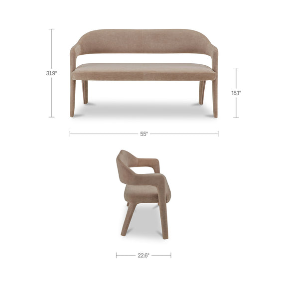 Camel-brown dining bench with rounded arms, cushioned seat, and tapered wooden legs