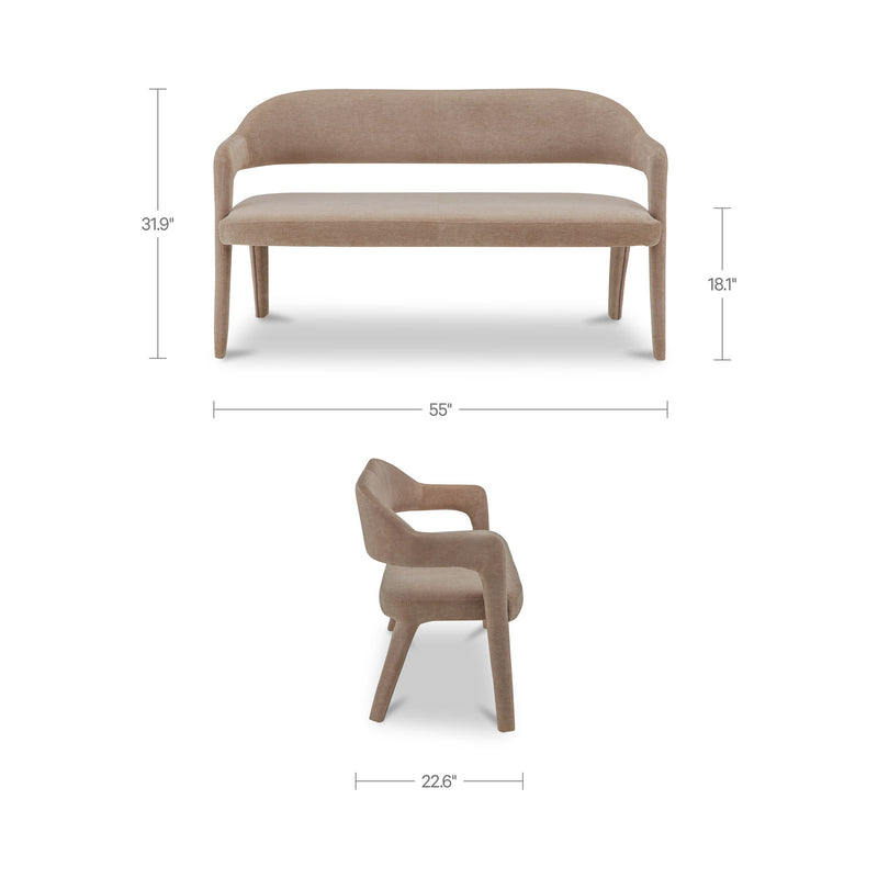 Camel-brown dining bench with rounded arms, cushioned seat, and tapered wooden legs