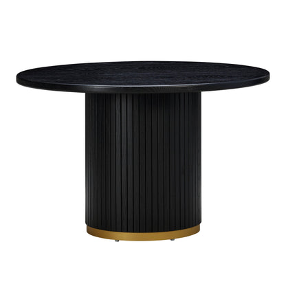 Round dining table with black tabletop and ribbed black ash-wood base