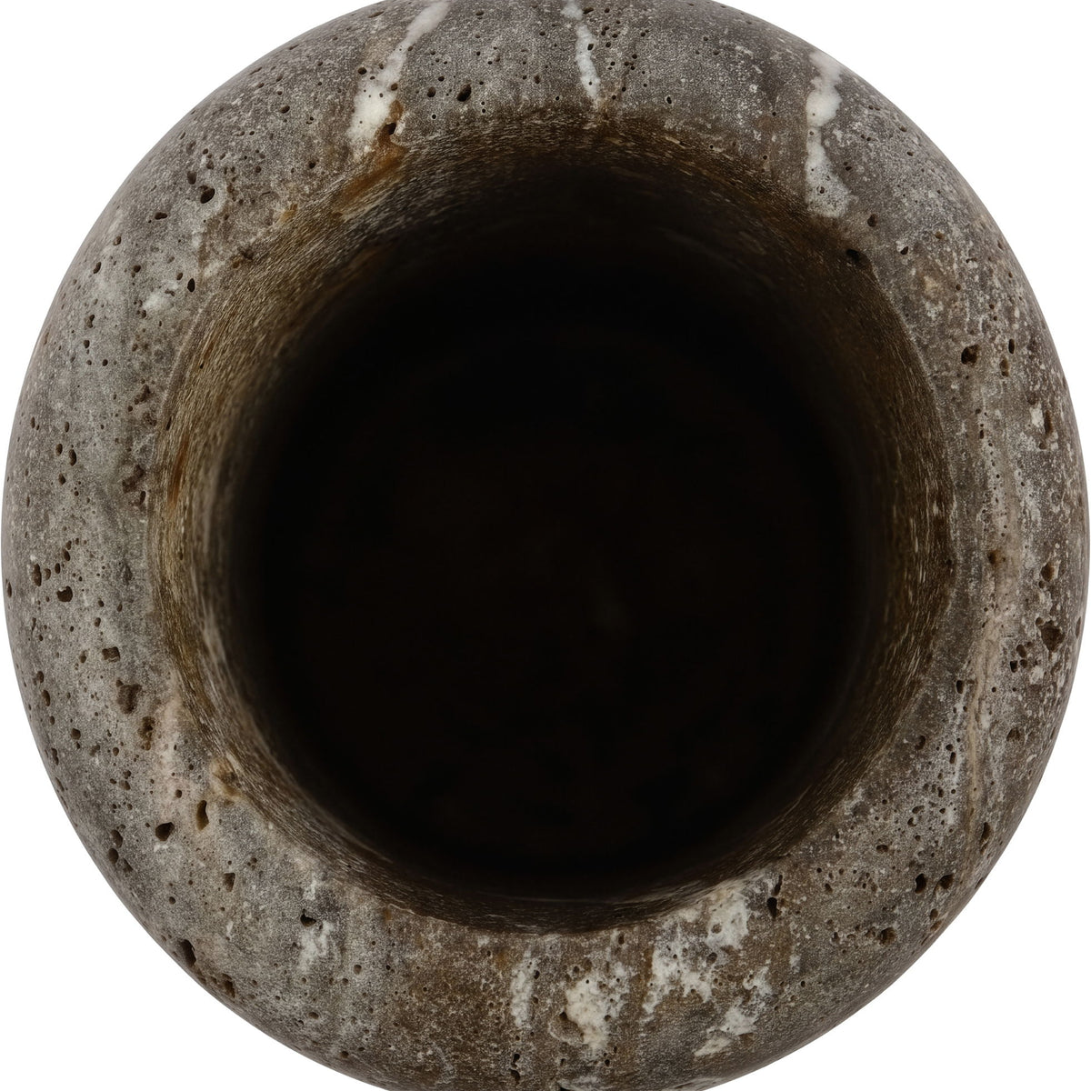 Gray travertine vase close-up of inner opening