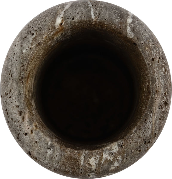 Gray travertine vase close-up of inner opening