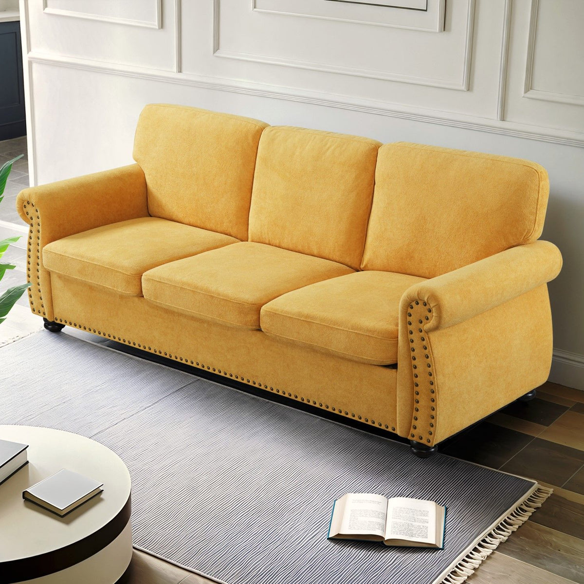 Soft Sofa, Upholstered 3 Seater Couch With High Density Foam, Loose Back Cushions And Turned Legs