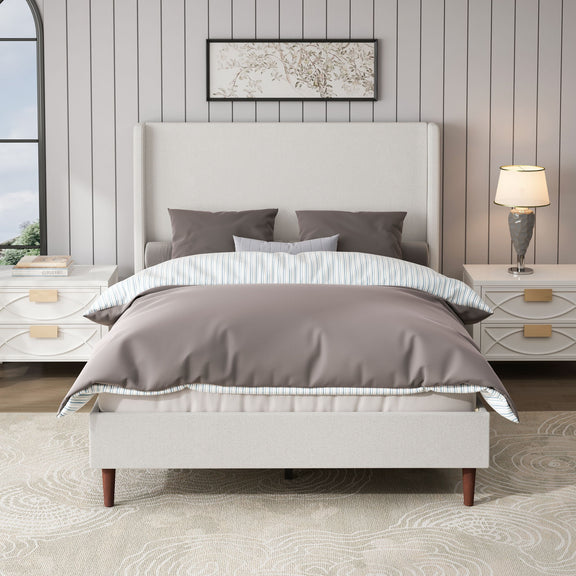 Upholstered bed with tall white headboard and matching frame