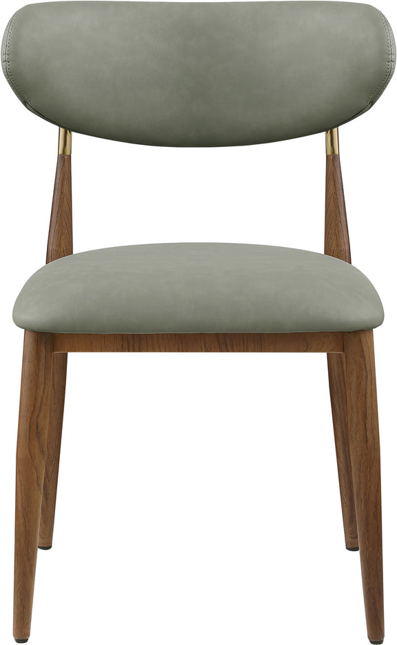 Dark green upholstered dining side chair with rounded back and walnut wooden legs