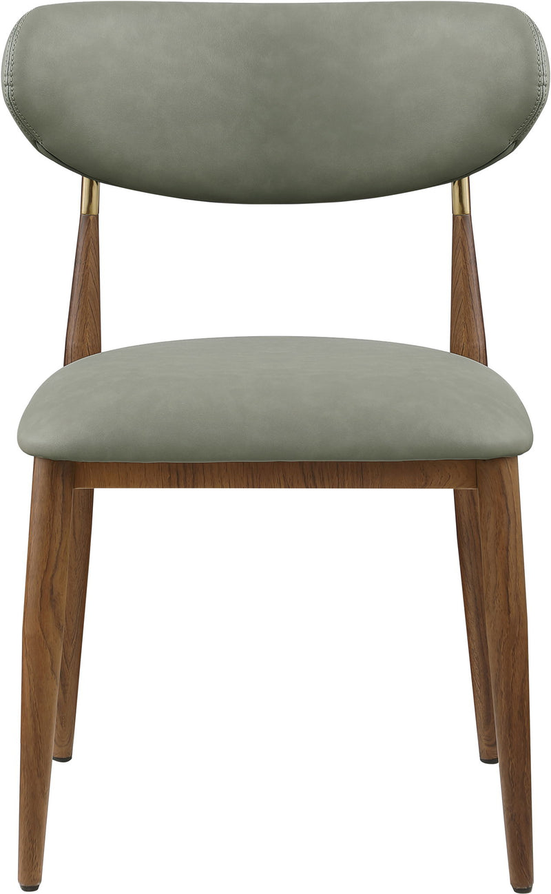 Dark green upholstered dining side chair with rounded back and walnut wooden legs