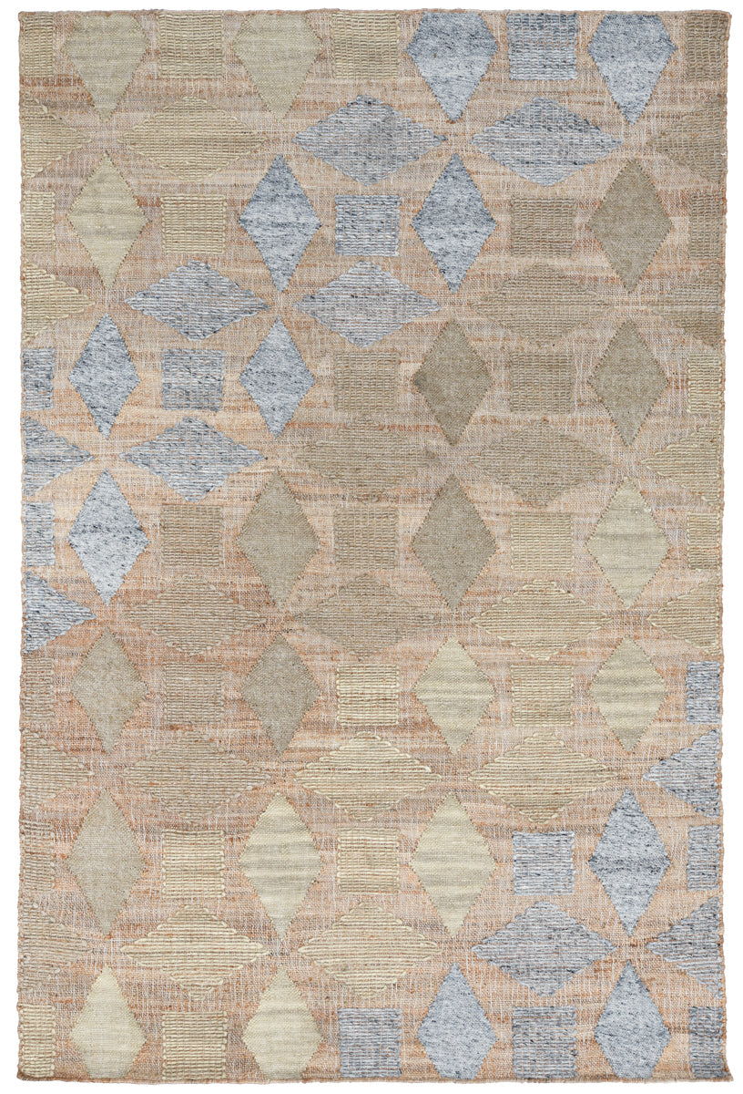 Diamond-motif rug with beige background and muted light blue and peach sections, flatweave