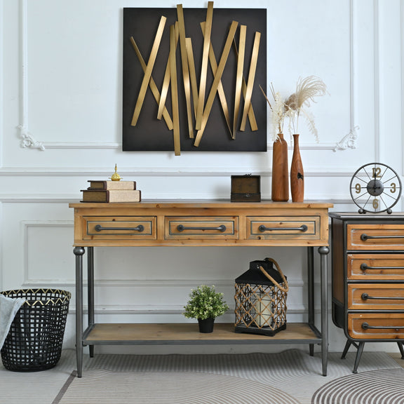 Wood console table showing three drawers and open shelf with turned dark legs