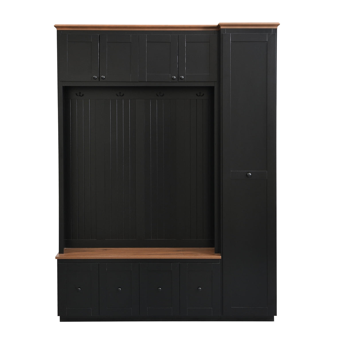 Black entryway hall tree cabinet with top storage doors, open bench area, lower shoe drawers
