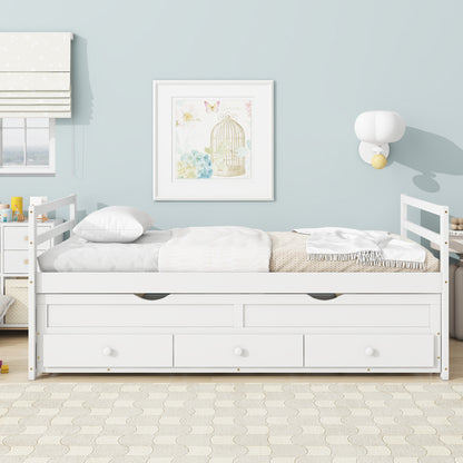 Twin Size Bed with Headboard, Footboard, Trundle and Three Storage Drawers, Twin Size Pine Wood Bed with Headboard, Footboard, White