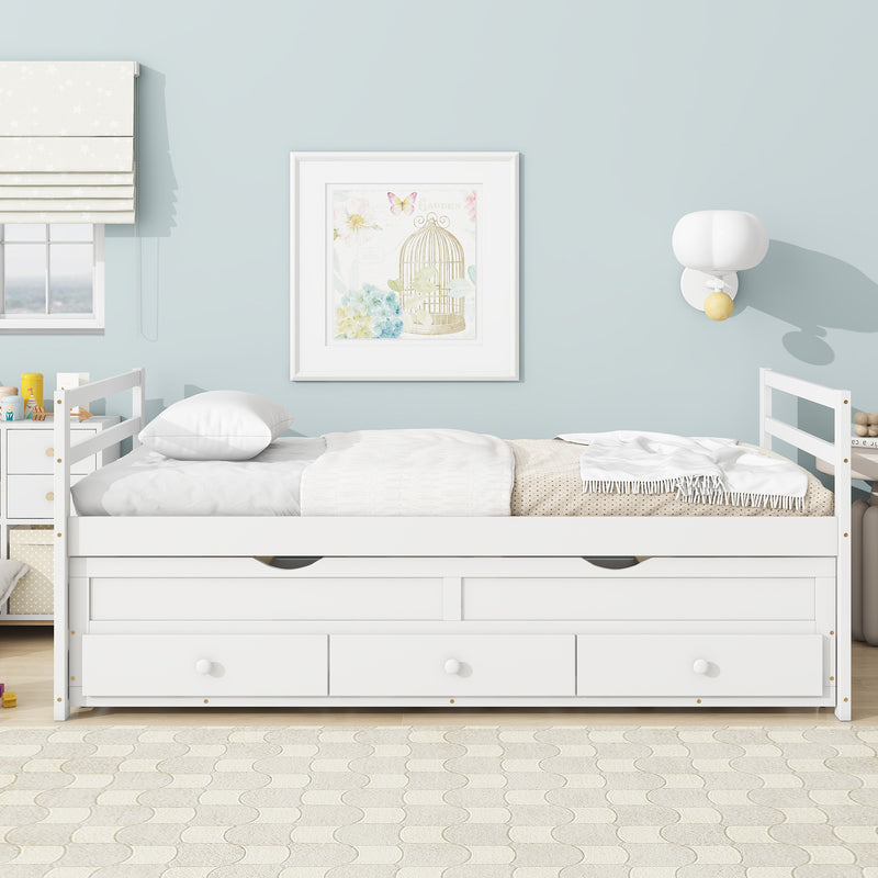 Twin Size Bed with Headboard, Footboard, Trundle and Three Storage Drawers, Twin Size Pine Wood Bed with Headboard, Footboard, White