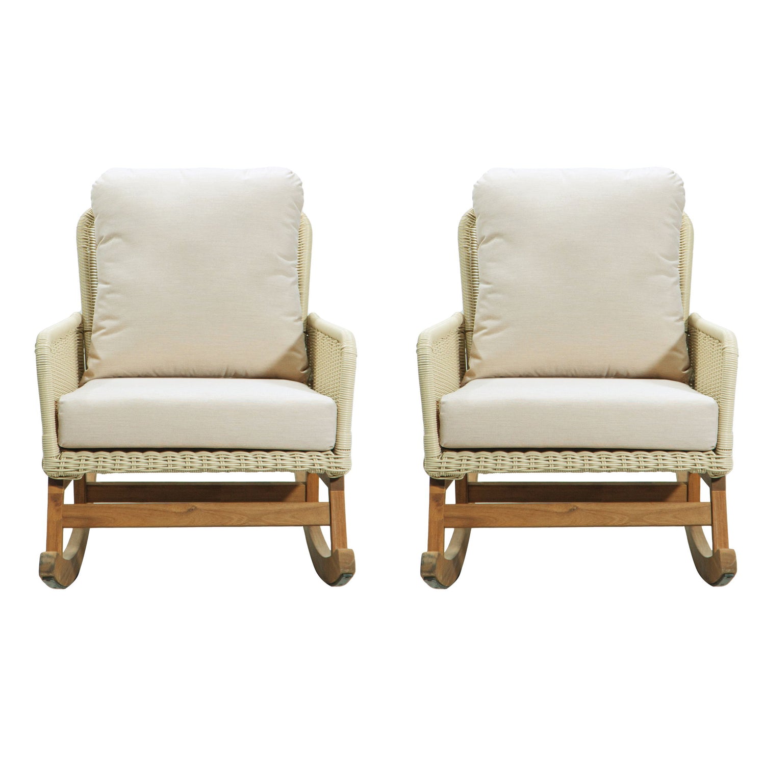 Contemporary Minimalist Wicker Rocking Chair Set With Soft Polyester Cushions And Durable Wooden Frame For Indoor And Outdoor Spaces - Ivory