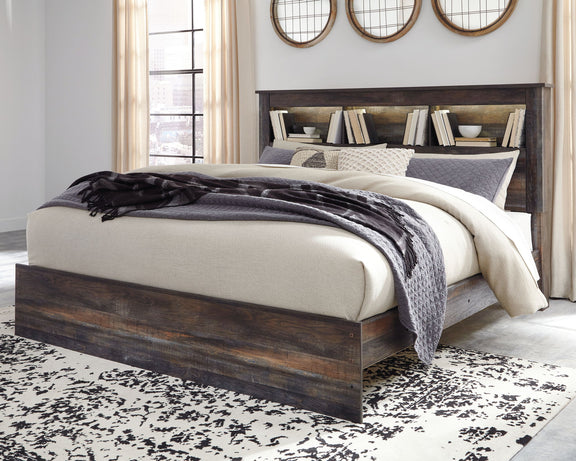 Panel bookcase bed with dark wood finish, open headboard shelving, and visible side drawers