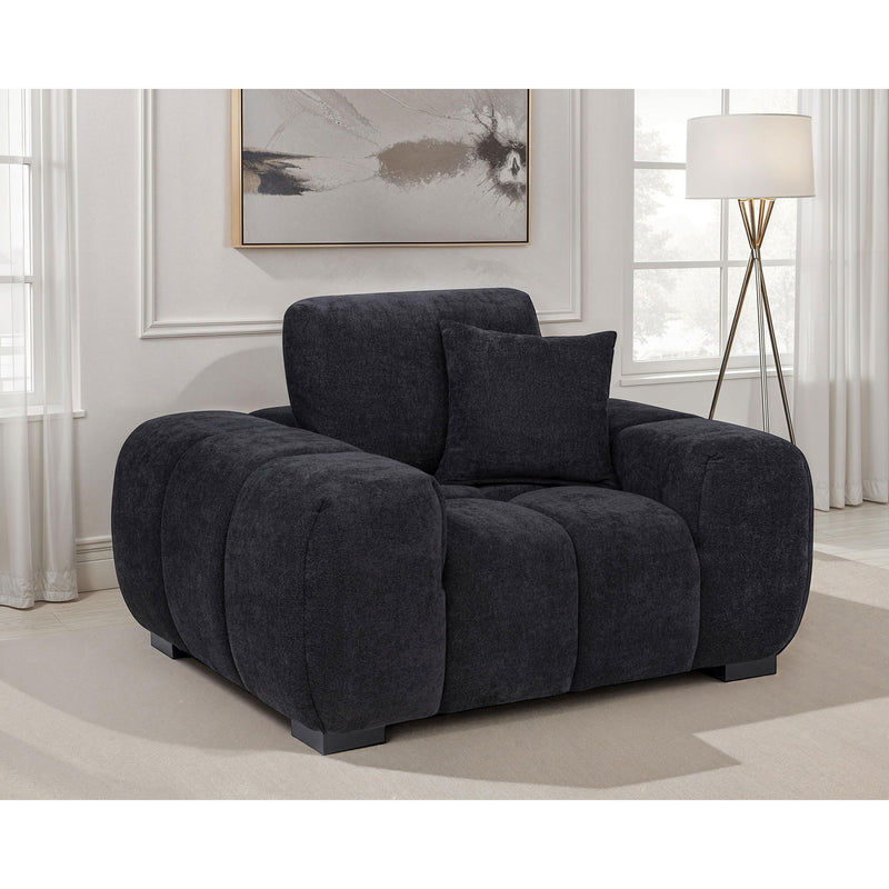 Dark gray track arm accent chair with rounded arms and tall back cushion