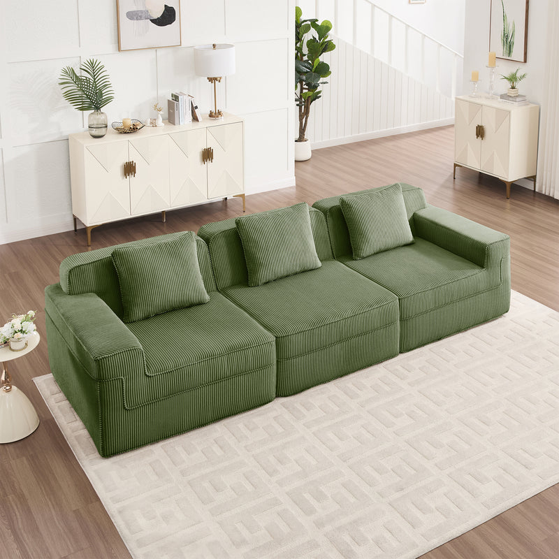 3-Seater Modular Corduroy Sectional Sofa - Green Corduroy