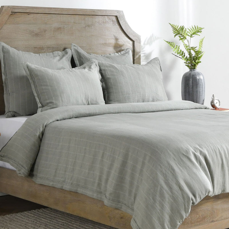 Light gray striped duvet cover with matching pillow shams