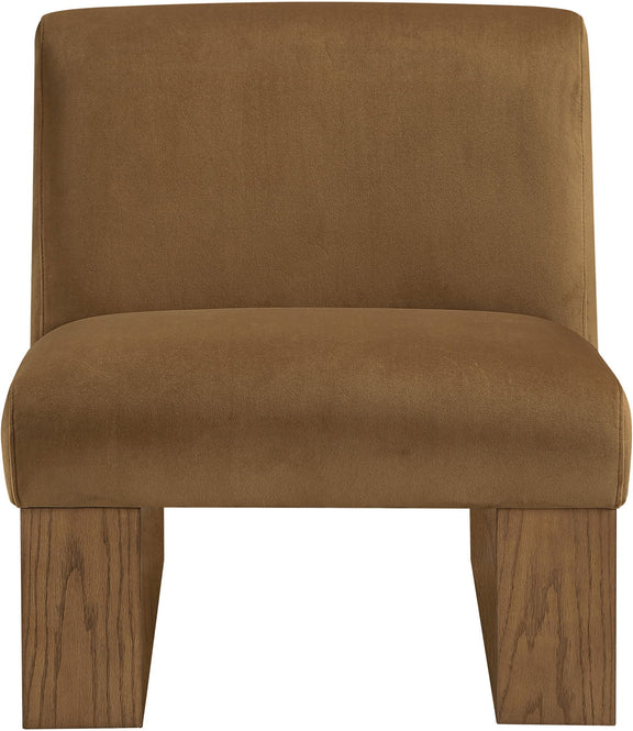 Velvet performance accent chair in brown with square track arms and cushioned seat