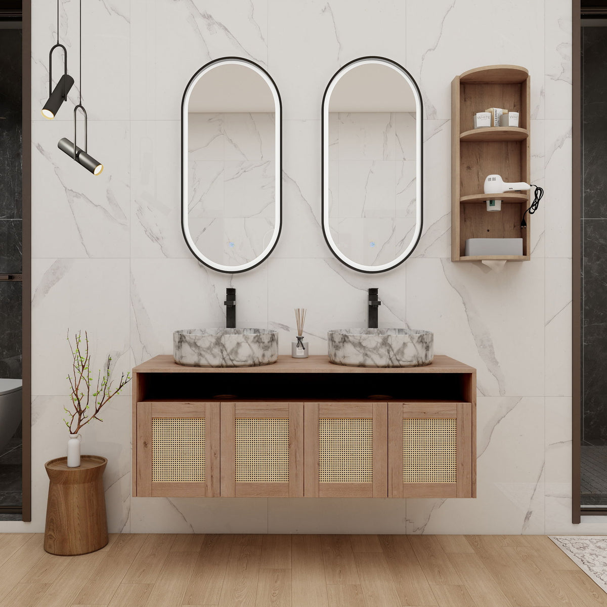 Wall-mounted double-sink vanity with two oval basins, light oak four rattan doors and side cabinet