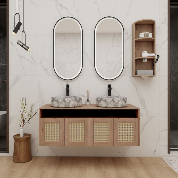 Wall-mounted double-sink vanity with two oval basins, light oak four rattan doors and side cabinet