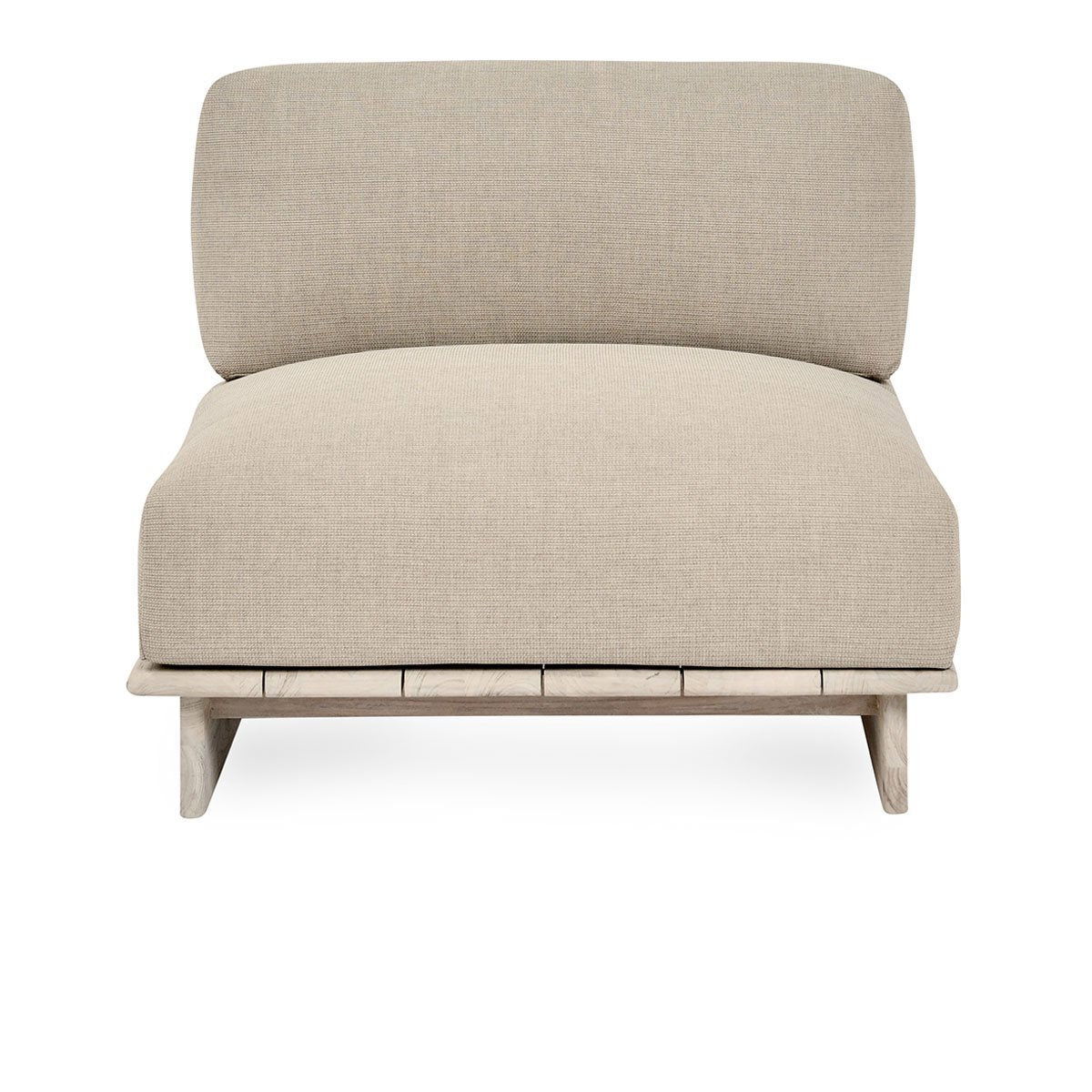 Taupe outdoor armless chair with tall backrest and wide padded seat