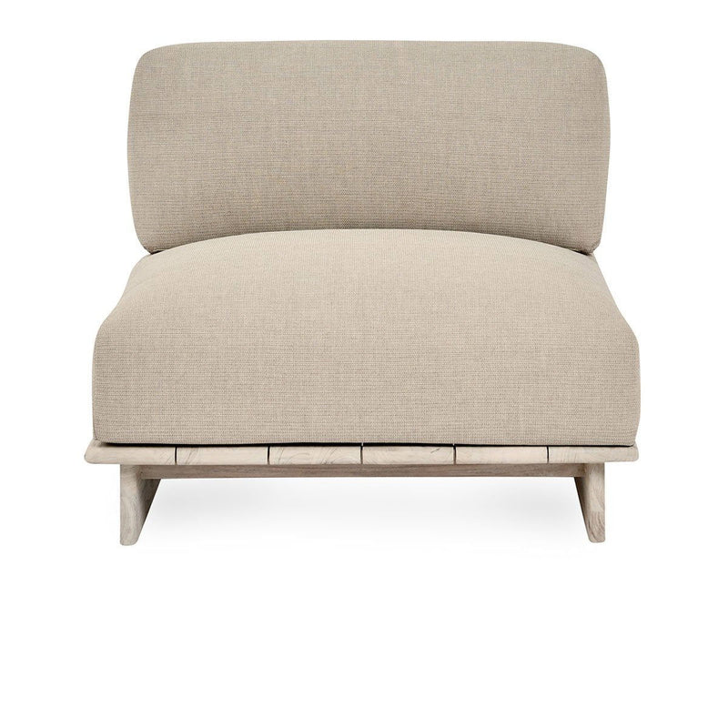 Taupe outdoor armless chair with tall backrest and wide padded seat