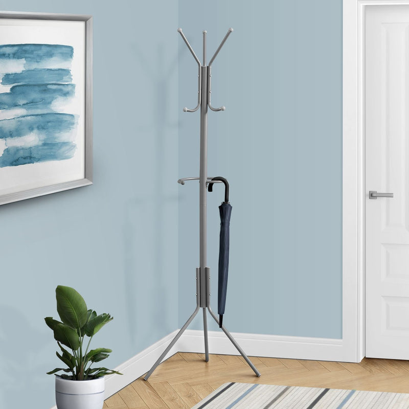 Dark gray freestanding coat rack with umbrella holder, curved hooks, and tripod legs