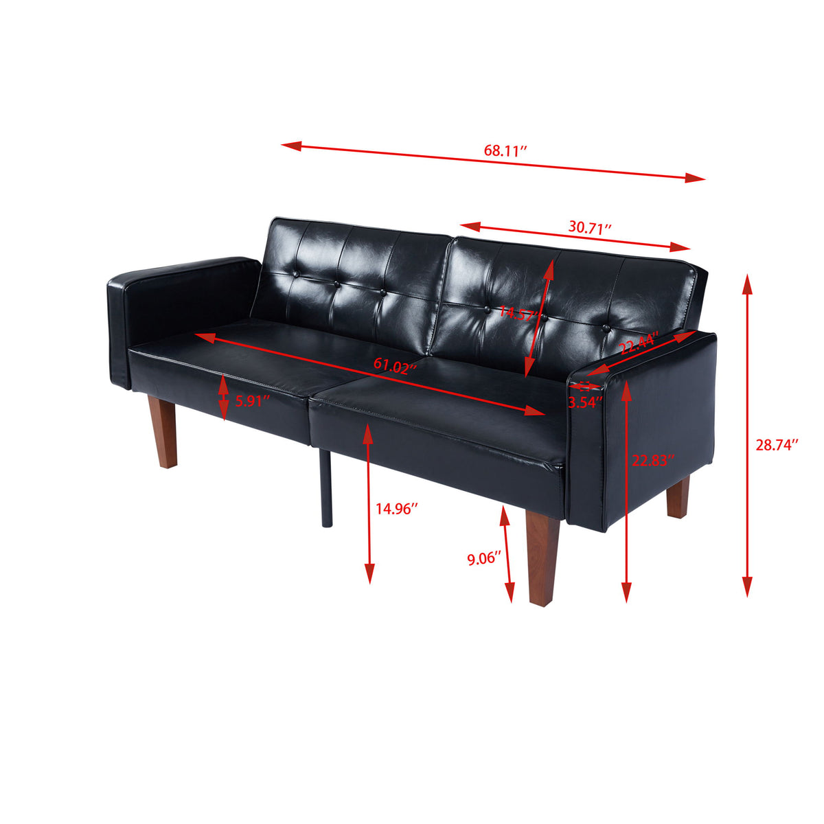 Black split-back sofa bed with red size measurement overlay