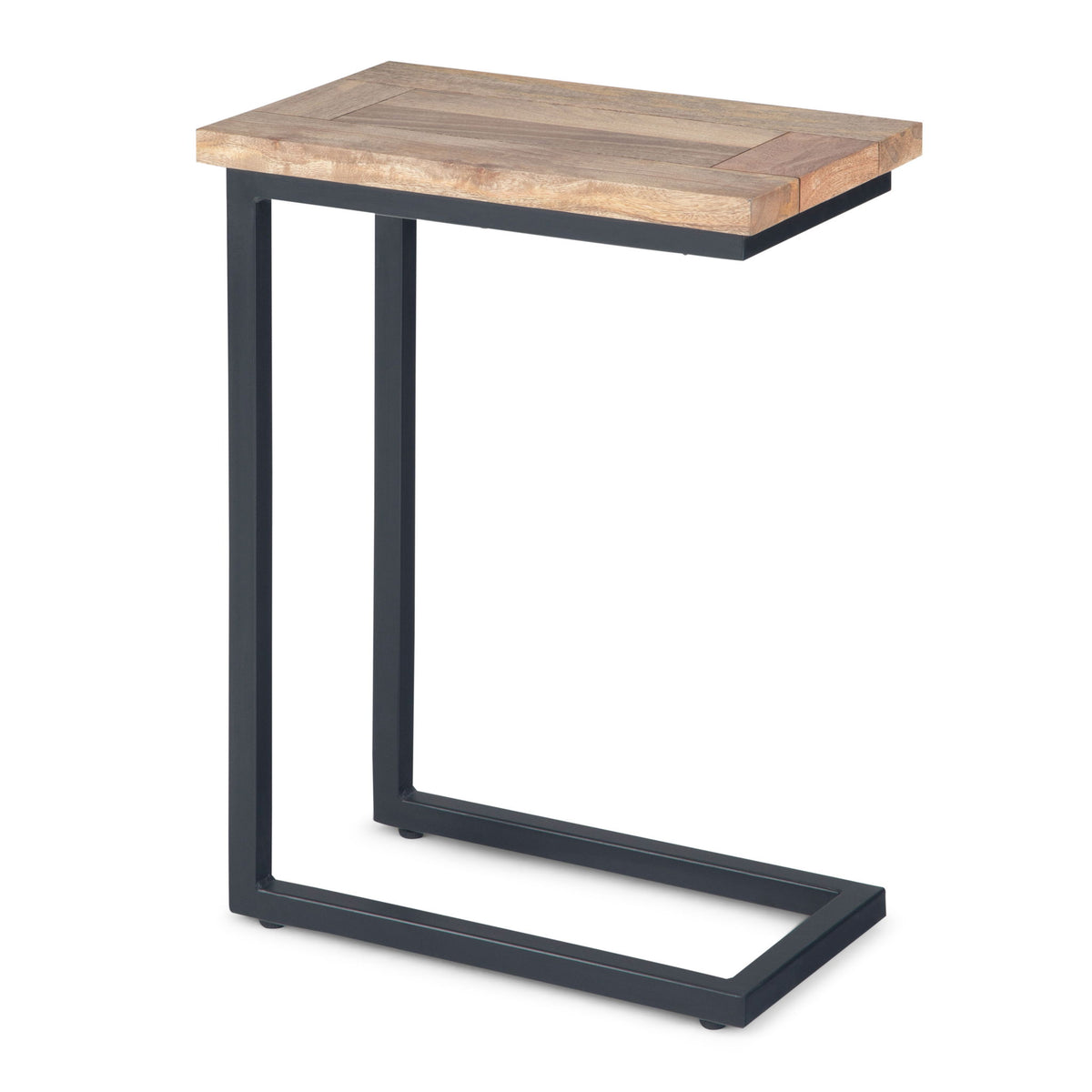 Rectangular side table with wood-grain top and dark U-shaped metal legs