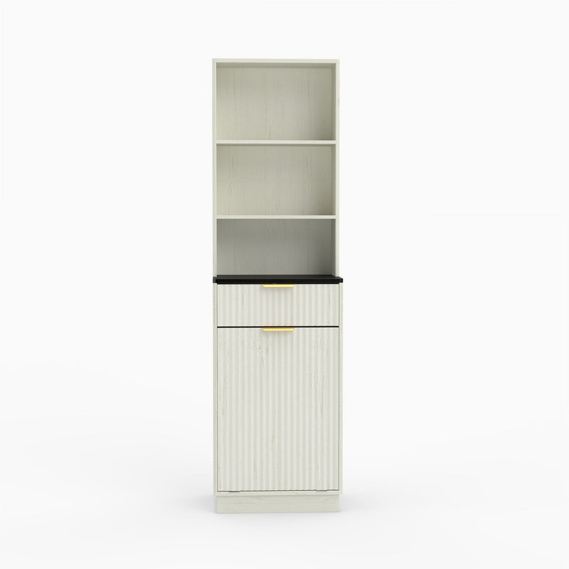 White tall fluted storage cabinet with three open shelves, a drawer, and closed lower door