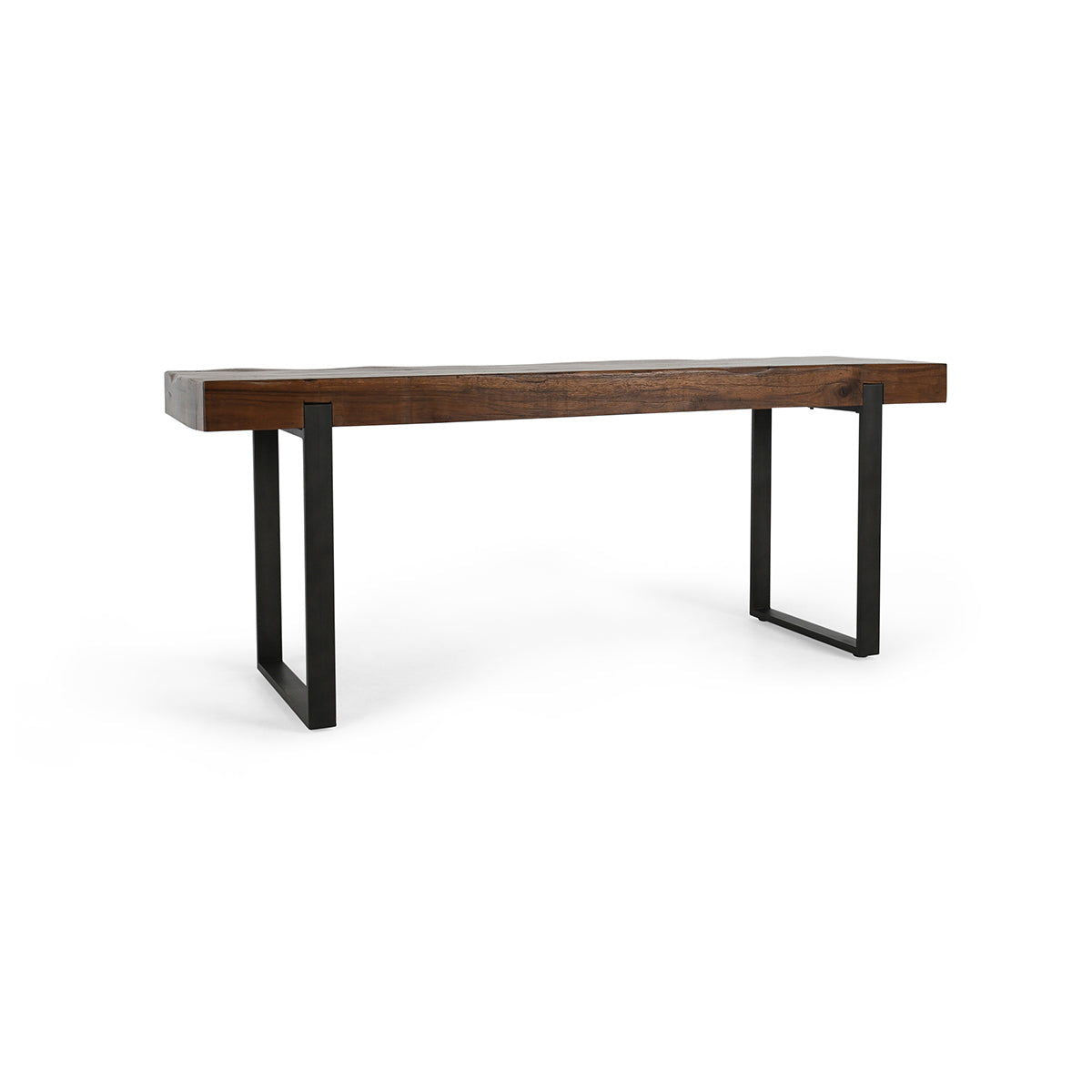 Rectangular reclaimed wood counter table with dark brown top and black metal legs