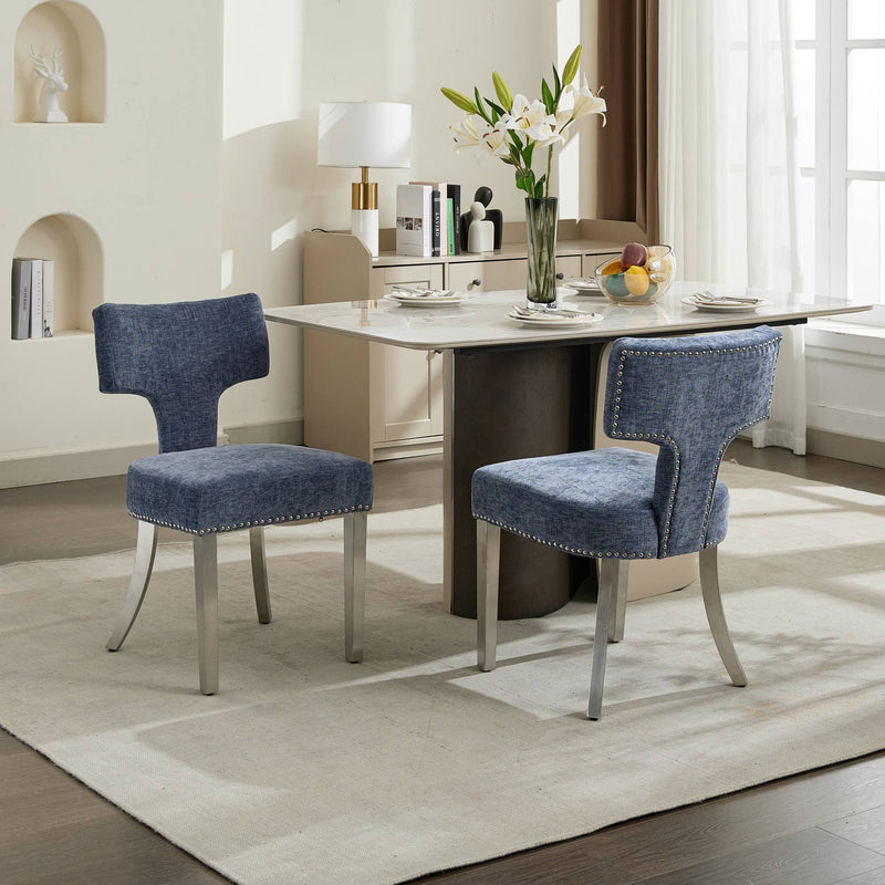 Mid Century Modern Dining Chairs Set of 2, Farmhouse Chenille Fabric Upholstered Accent Chair Curved Backrest with Copper Nails around,Kitchen Chairs with Silver Brushed Stainless Steel Legs, Blue