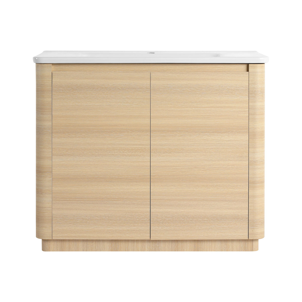 Freestanding bathroom vanity with white sink top and light brown two-door cabinet