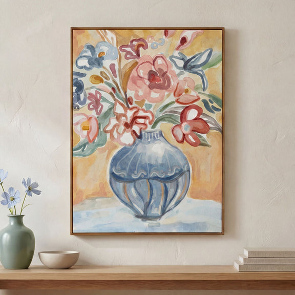 Natural wood framed painting featuring a blue vase with pink, red, and blue flowers