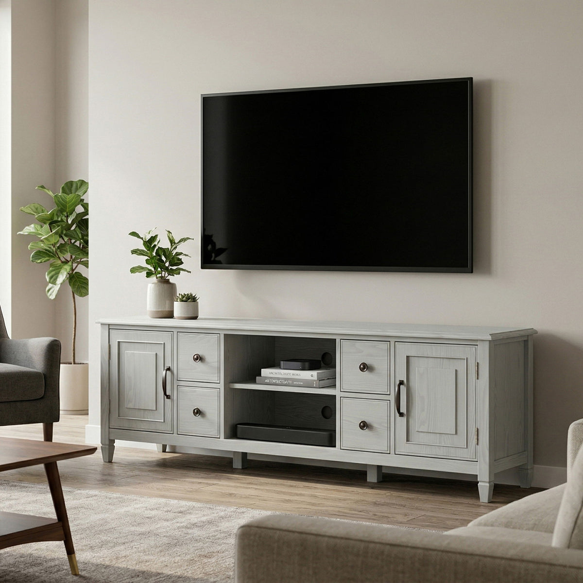 White wide TV stand with cabinet doors and central open media compartment