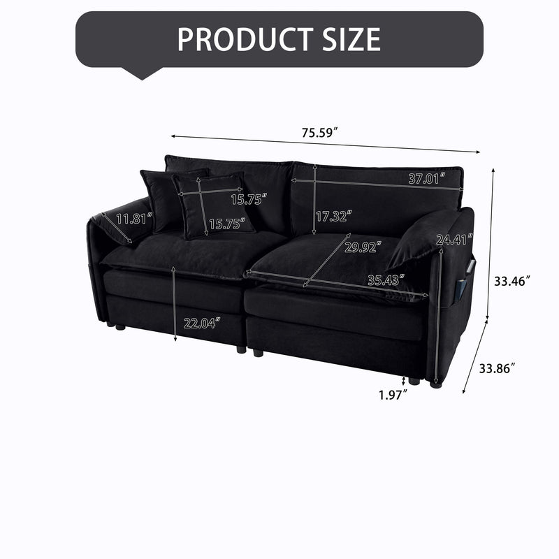 Black loveseat sofa with labeled size measurements, straight legs, deep seating