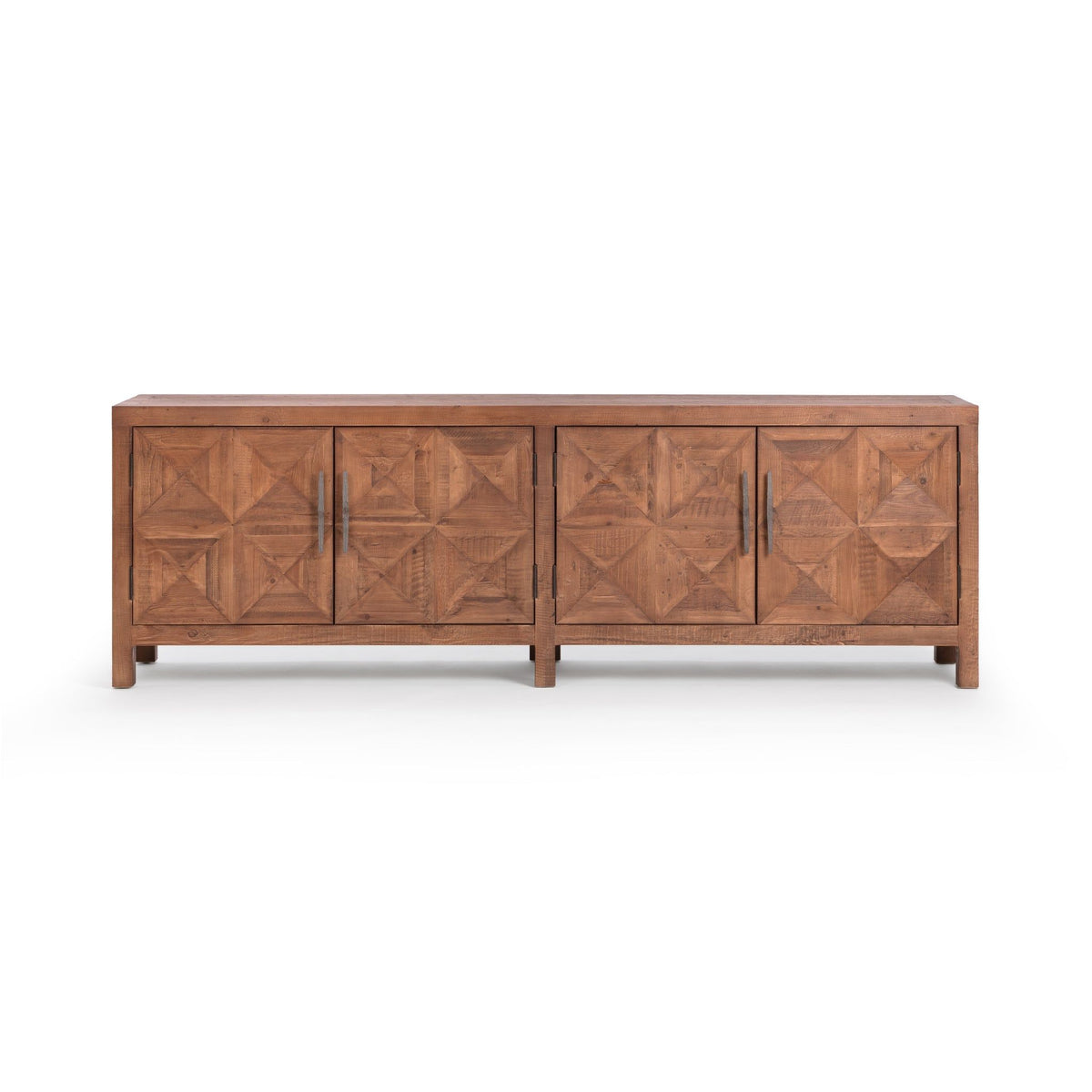 Brown 4-door sideboard with geometric-panel doors and vertical center seam
