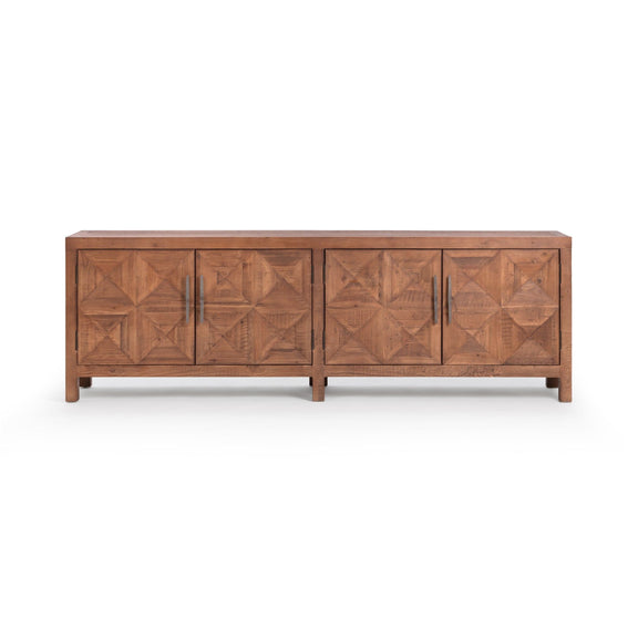 Brown 4-door sideboard with geometric-panel doors and vertical center seam