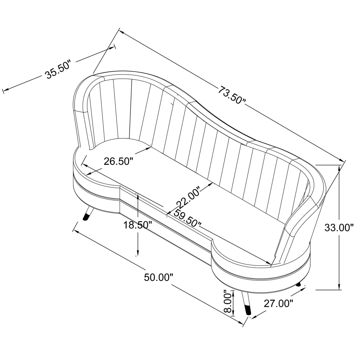 Gray channel-tufted loveseat outline diagram with key measurements