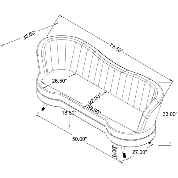 Gray channel-tufted loveseat outline diagram with key measurements