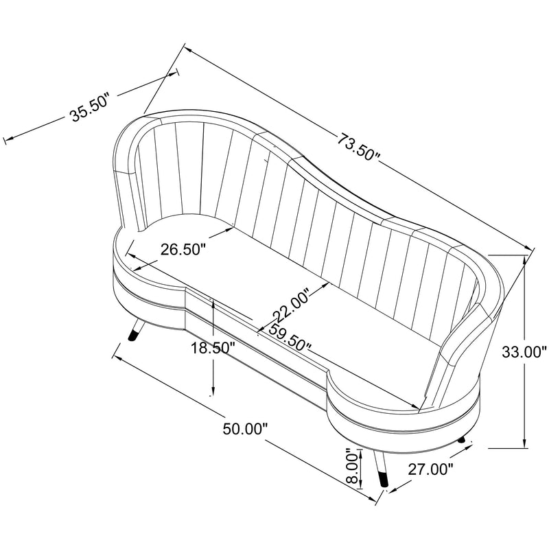 Gray channel-tufted loveseat outline diagram with key measurements