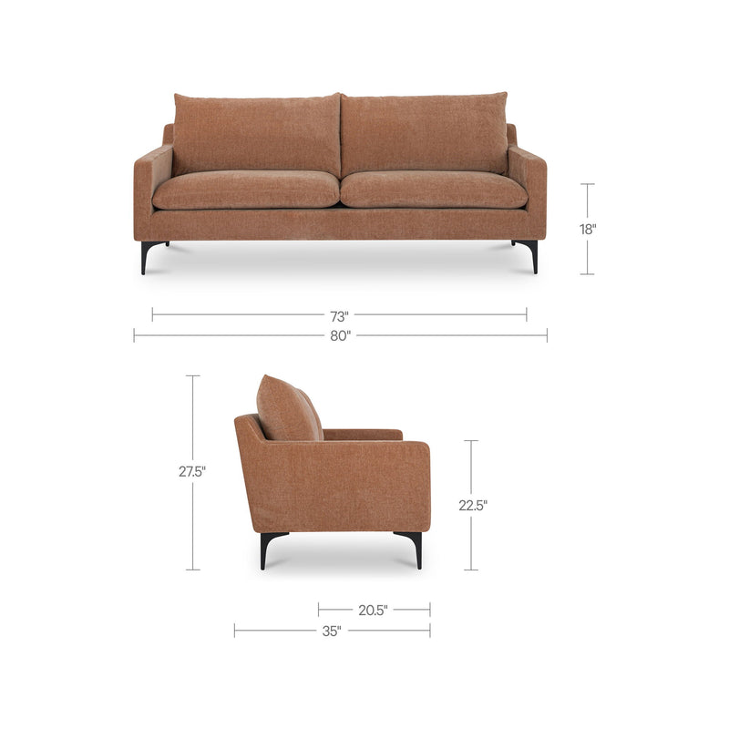Stationary sofa size chart showing square arms, two seat cushions, and backrest.