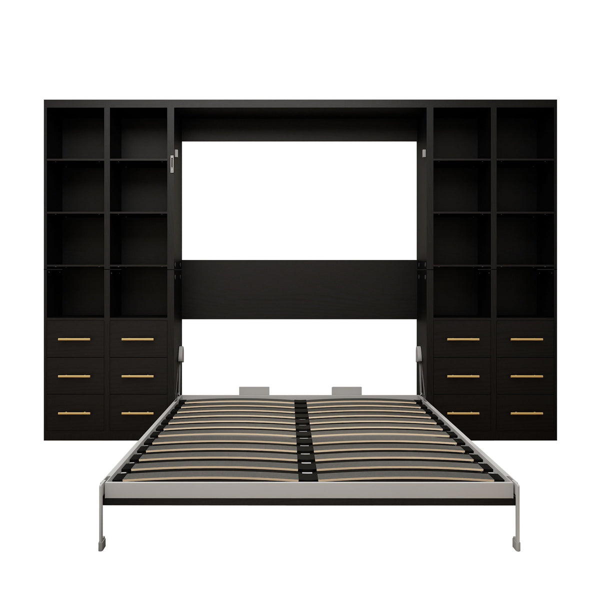 Black vertical Murphy wall bed with open storage cabinets and striped slat mattress base