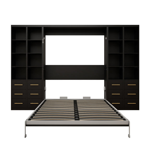 Black vertical Murphy wall bed with open storage cabinets and striped slat mattress base