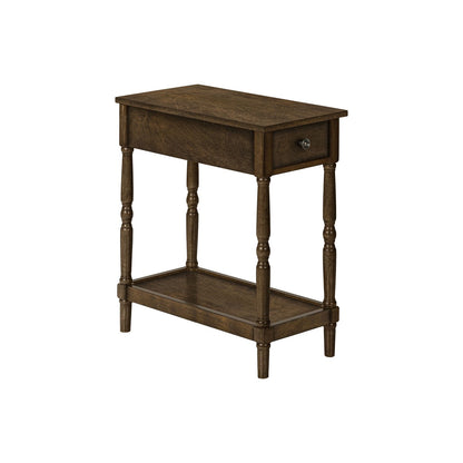 Dark brown accent end table with storage drawer, lower shelf, and turned legs