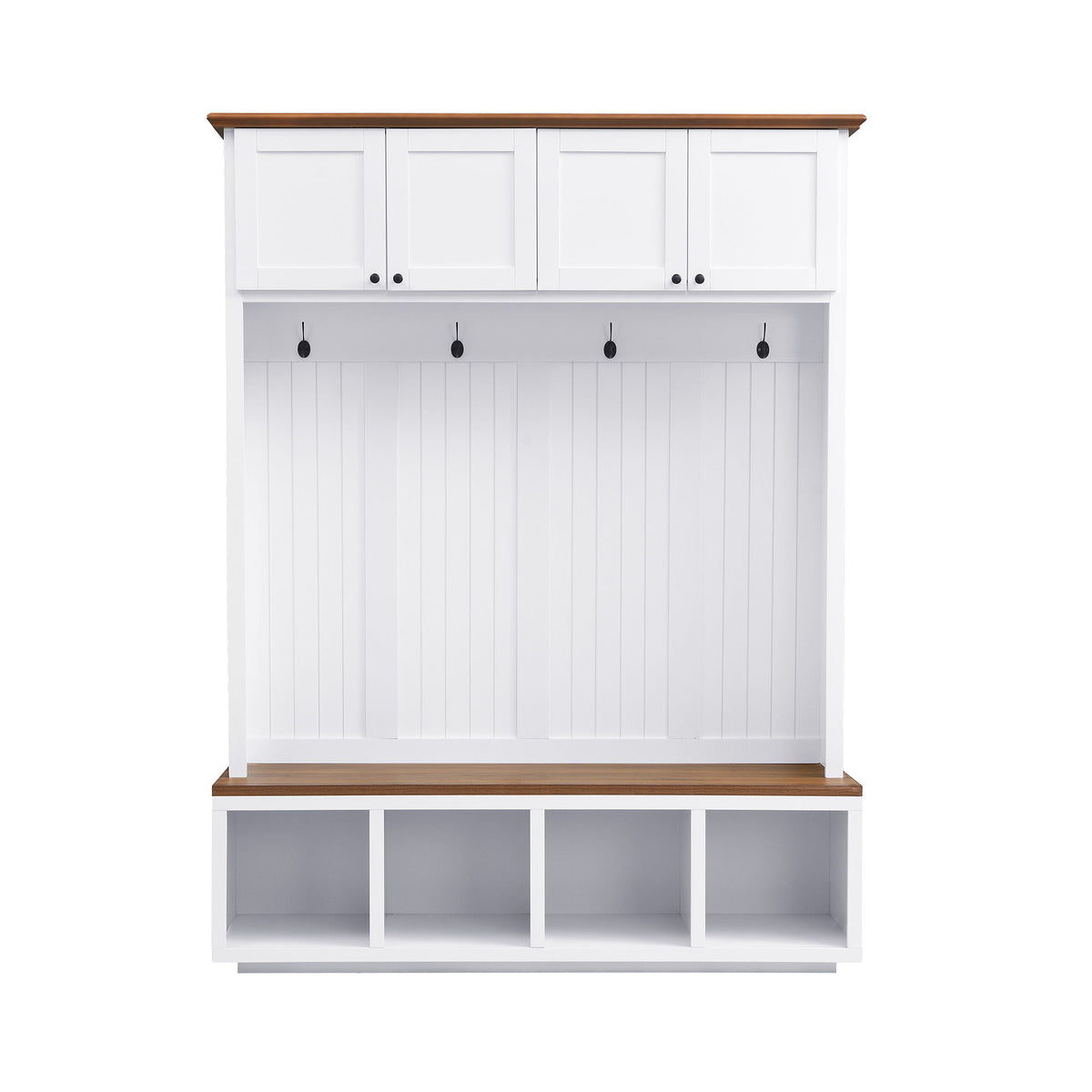 Entryway hall tree with bench and storage, white cabinet with top doors, hooks, and open cubbies