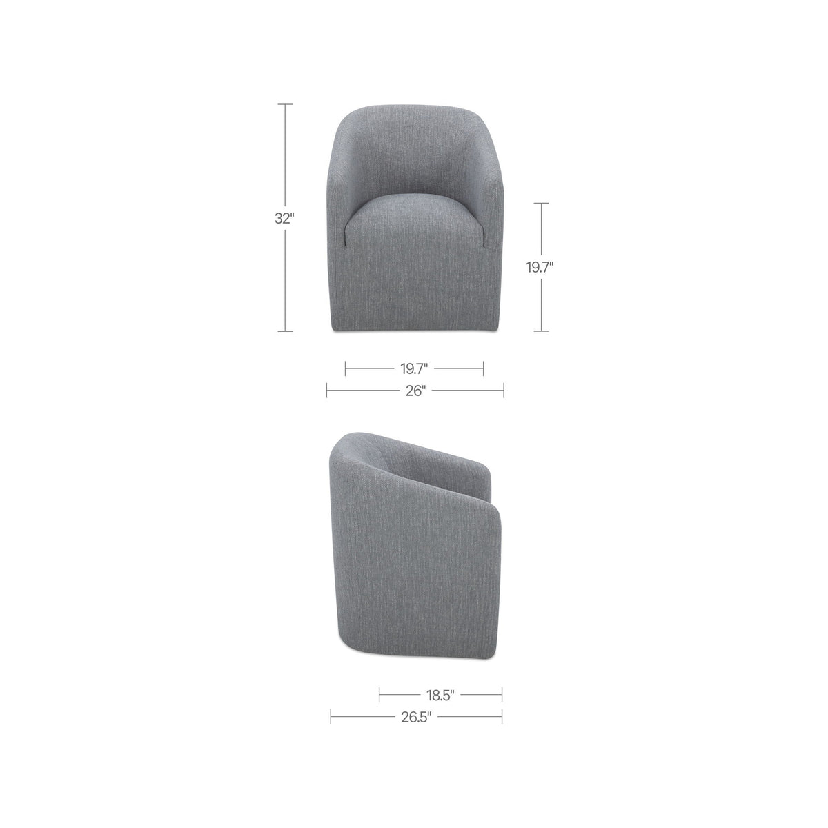 Gray rolling dining chair, measurements shown; rounded back and seat