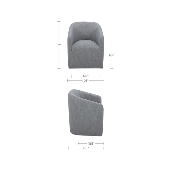 Gray rolling dining chair, measurements shown; rounded back and seat