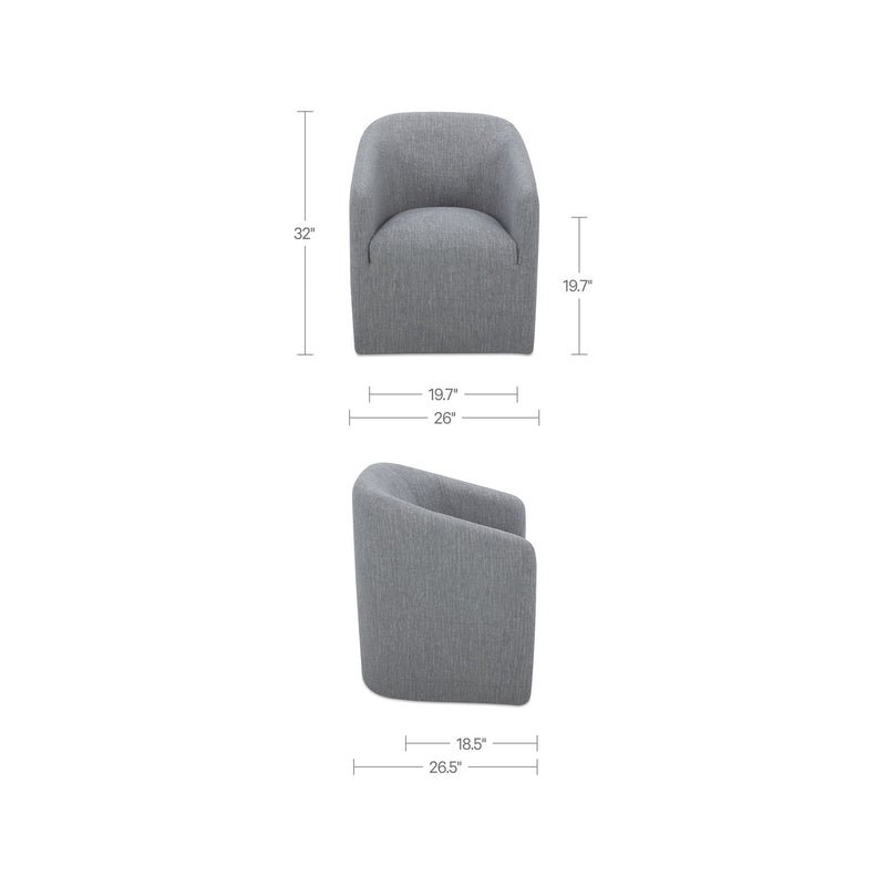 Gray rolling dining chair, measurements shown; rounded back and seat