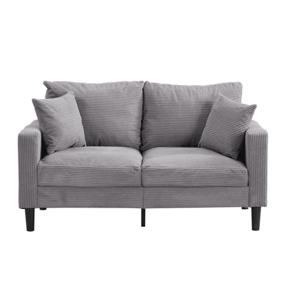 Gray upholstered loveseat sofa with corded texture, two cushions and three pillows