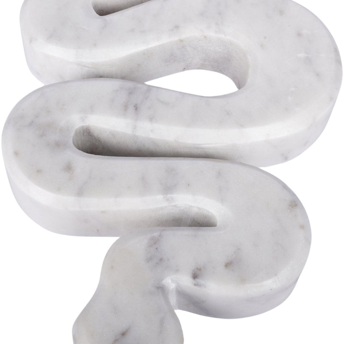 Marble sculptural tabletop object with swirling S-shaped open loop design, white